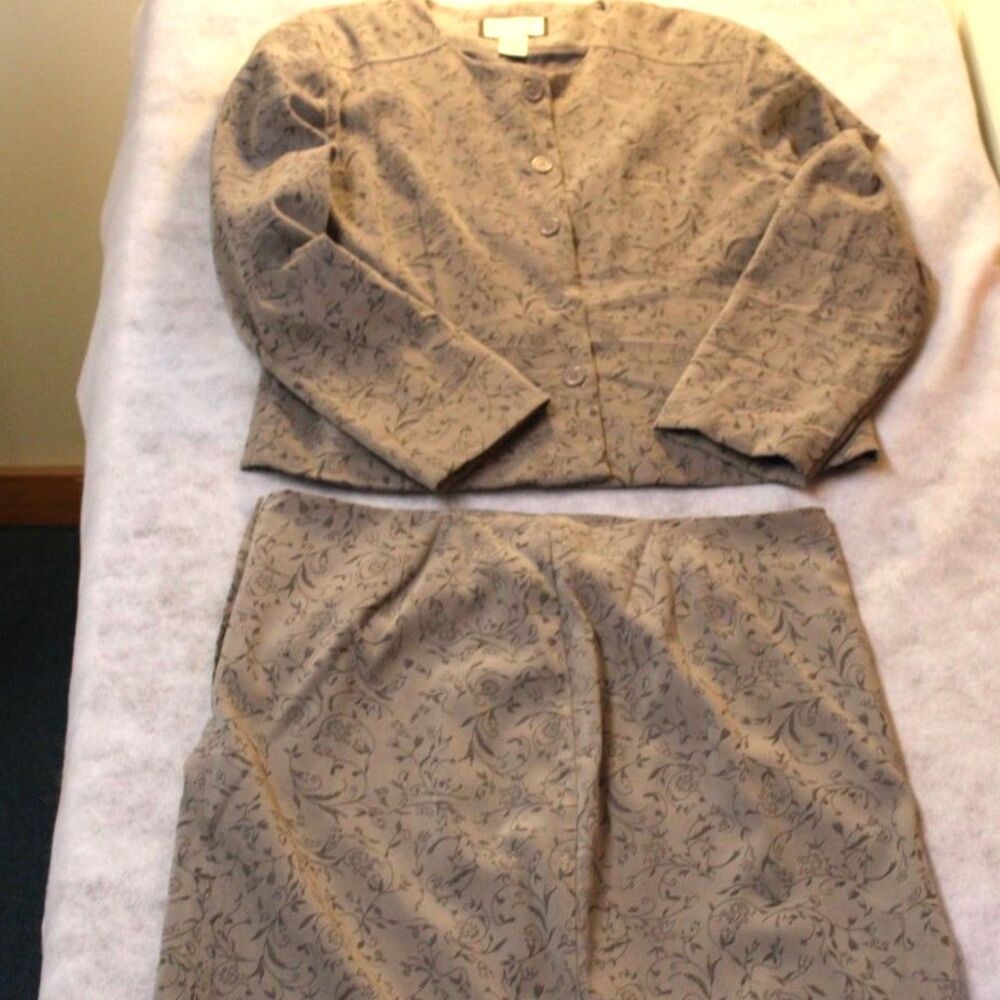 Vintage Mary McFadden Floral Jacquard 2-Piece Skirt Suit Set Taupe Gray 14